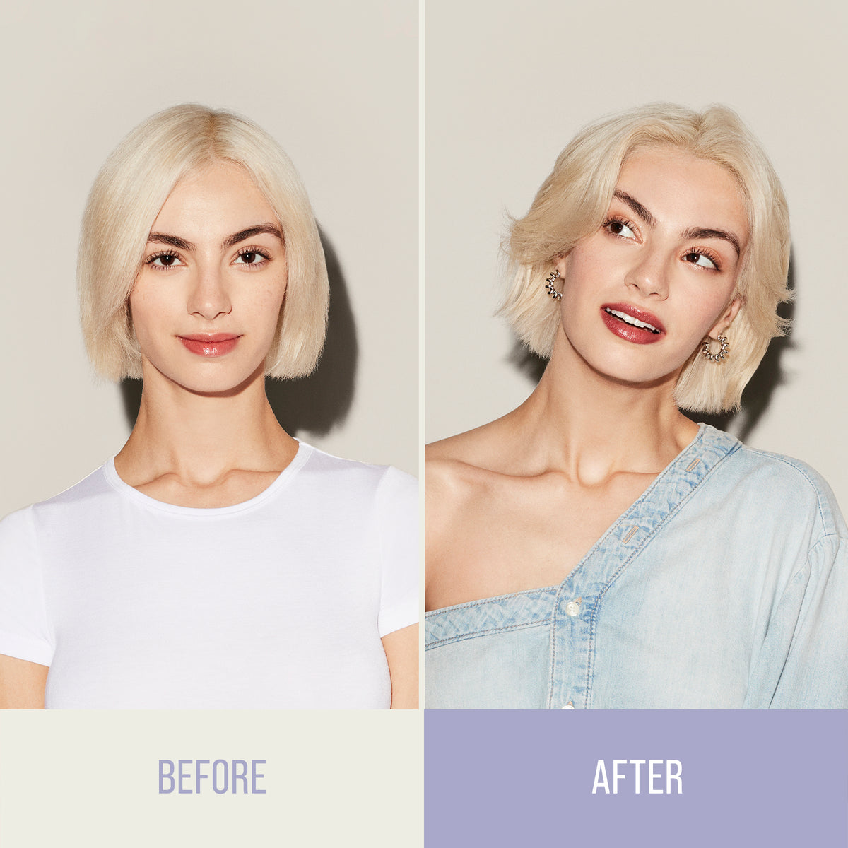 Before and after comparison of a woman with blonde hair, wearing a white shirt and denim overalls.