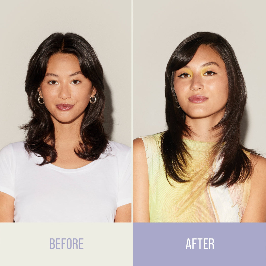 Before and after comparison of a woman with hair styled differently.