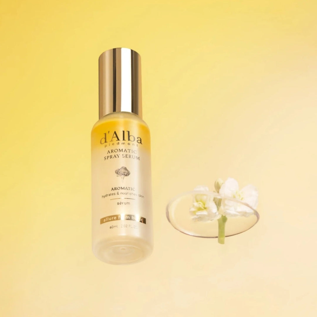 Skincare serum bottle with floral elements on a yellow background