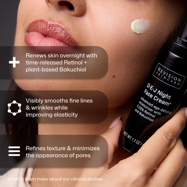 Close-up of a woman's face and neck with a dollop of cream on her cheek, alongside a black Revision Skincare D.E.