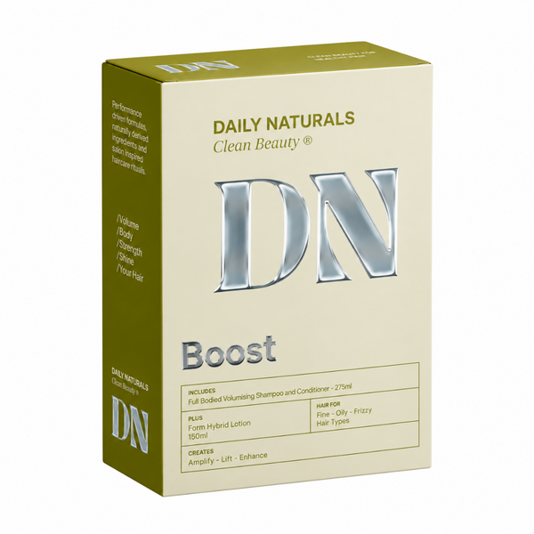 A 3D box mockup for Daily Naturals Clean Beauty Boost hair care product, featuring a beige front panel with metallic silver 'DN' lettering and an olive green side panel.