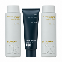 Three Daily Naturals hair care products on a white background: a white bottle of Full-Bodied Volumising Shampoo, a dark navy tube of Form Hybrid Lotion, and a white bottle of Full-Bodied Volumising Conditioner.