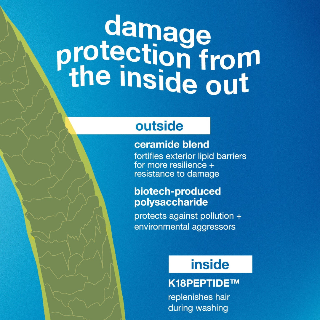 Diagram of hair damage protection with text and molecular structure illustration on a blue background