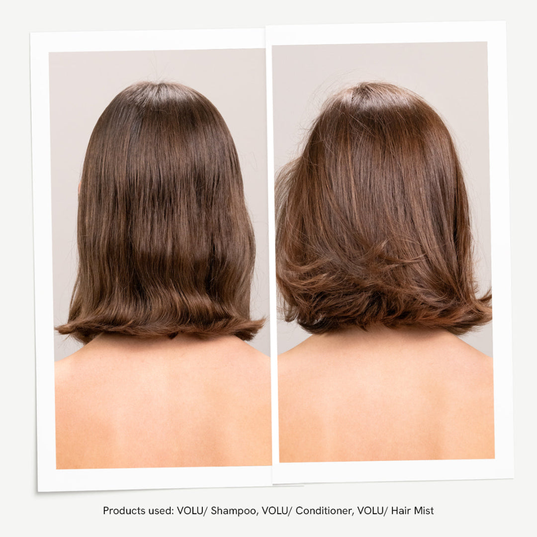 Before and after comparison of hair with VOLU products on a plain background