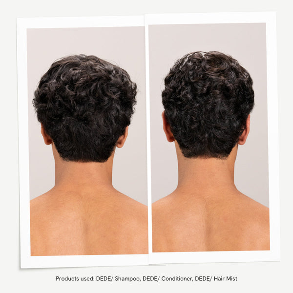 Before and after comparison of hair care product effects on a person's hair.