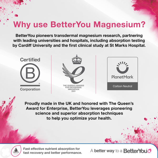 Promotional graphic for BetterYou Magnesium with certification logos and text about product features.