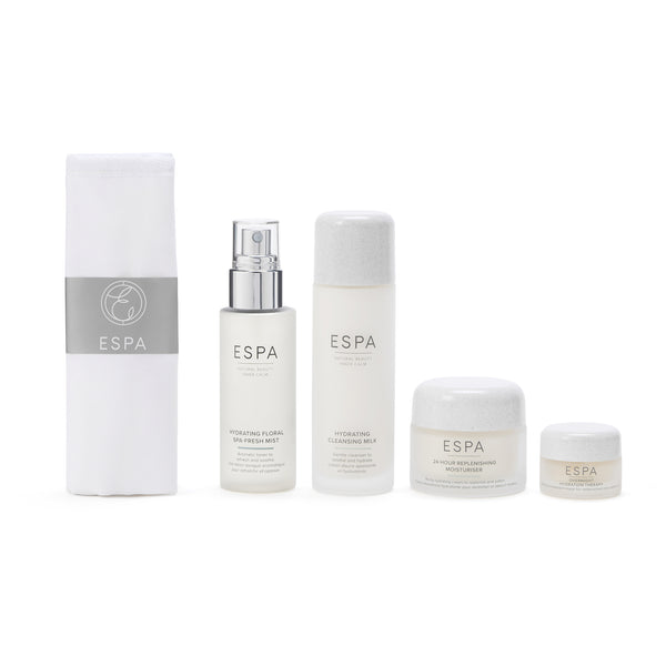 Espa skincare products including bottles and jars on a white background