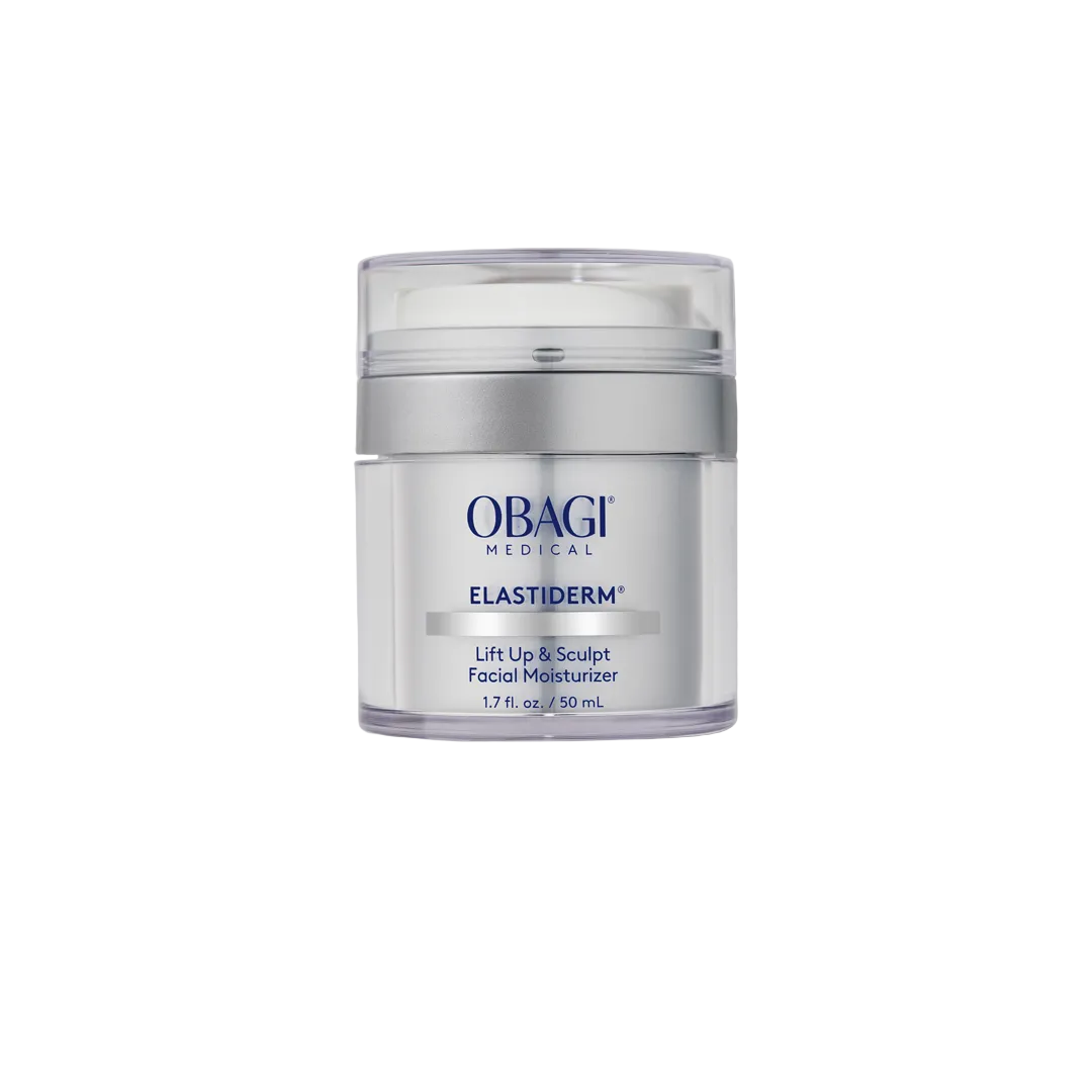 Obagi Elastiderm facial moisturizer jar on a light gray background