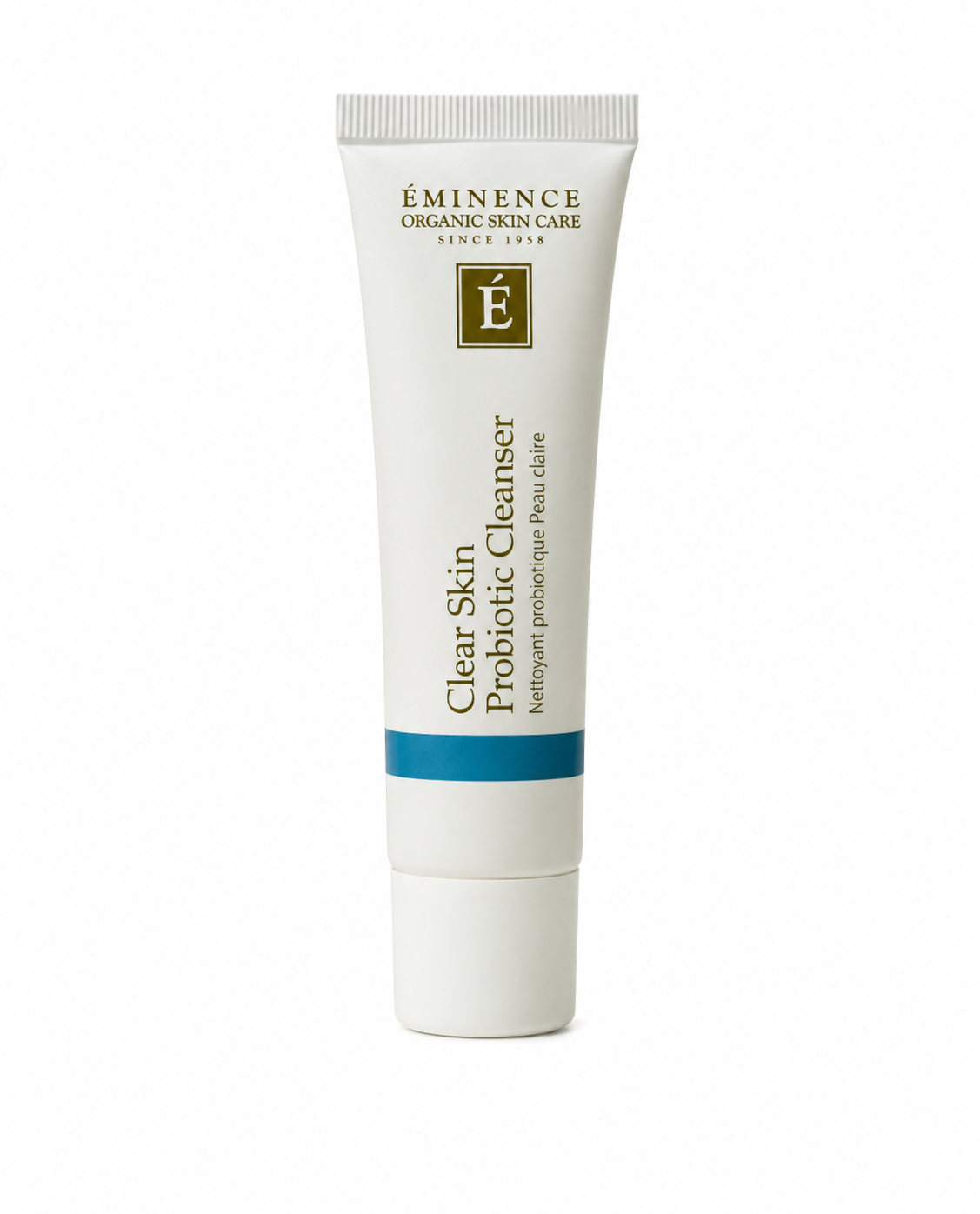 A white squeeze tube of Eminence Organic Skin Care Clear Skin Probiotic Cleanser with gold text and a blue accent band, centered on a white background.