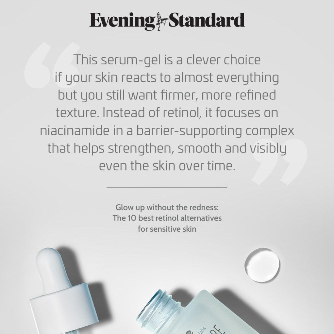Serum-gel bottle with dropper on a light gray background, featuring 'Evening Standard' text.