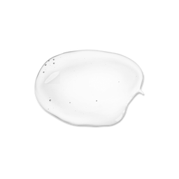 A glossy, translucent clear gel or liquid swatch with small embedded bubbles, presented on a solid white background.