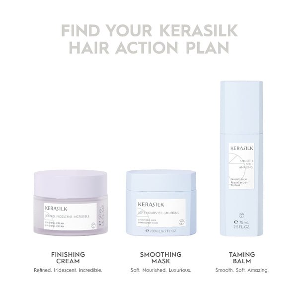 Kerasilk hair care products including a cream, mask, and balm on a white background.
