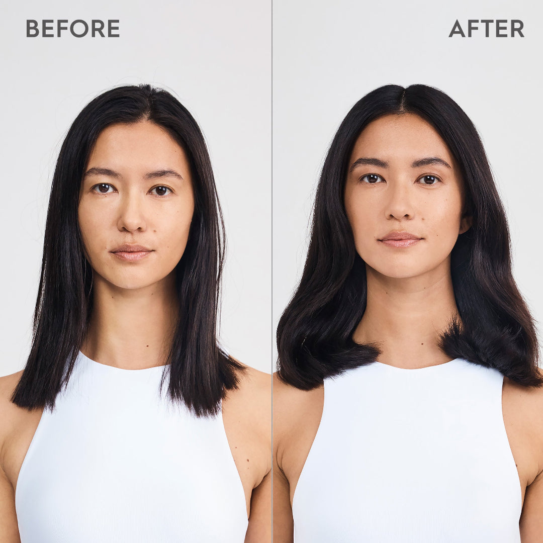 Before and after comparison of a woman with straight hair on the left and styled hair on the right.