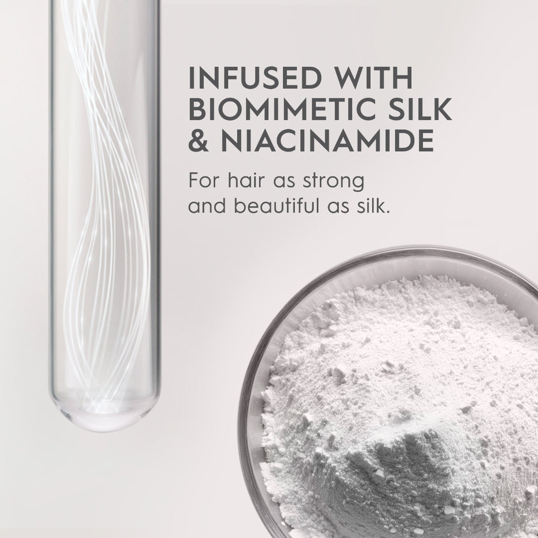 Product packaging with text about biomimetic silk and niacinamide, close-up of powder.