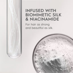 Product packaging with text about biomimetic silk and niacinamide, close-up of powder.