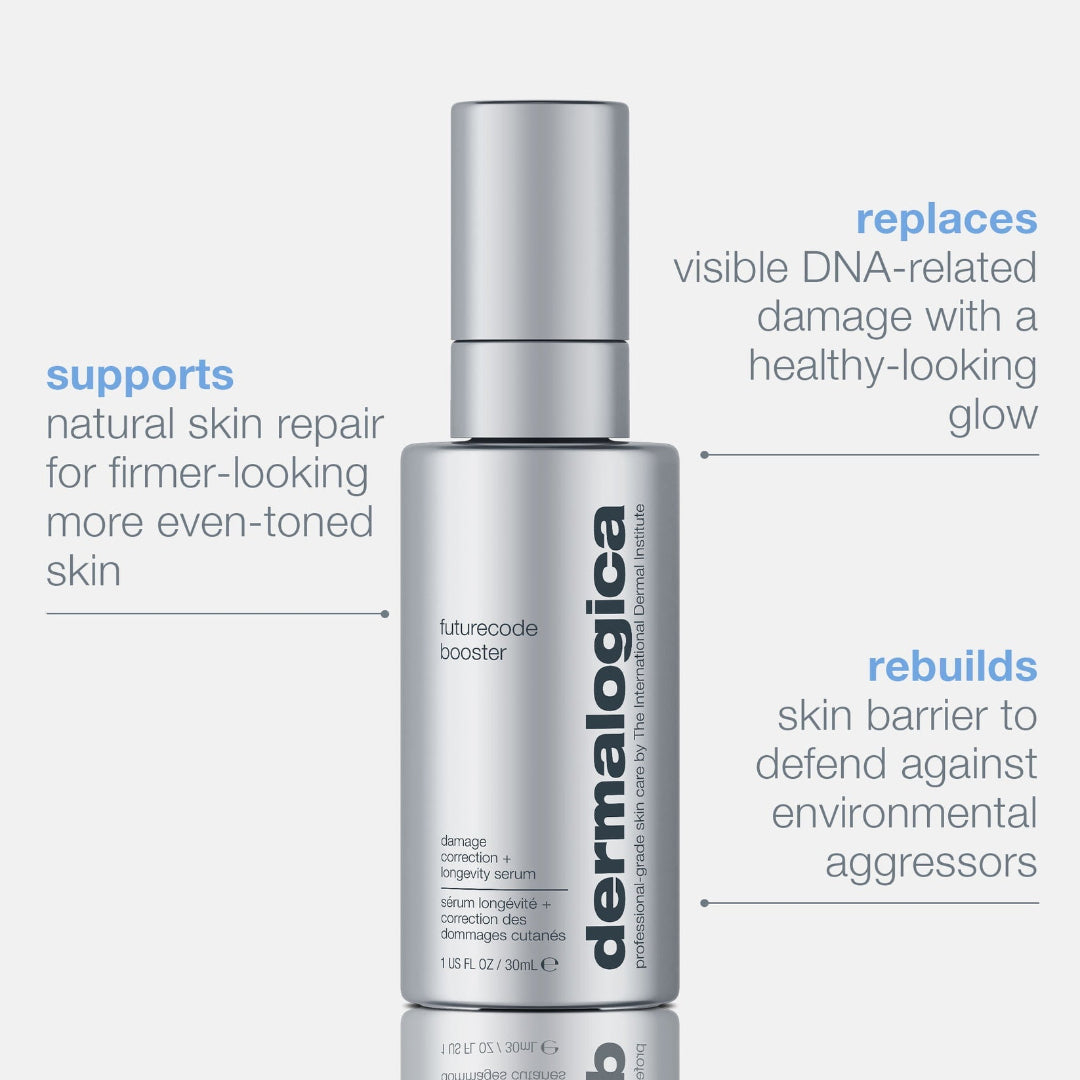 Dermalogica product with text about skin repair and rejuvenation on a white background