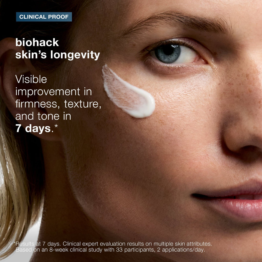 Close-up of a woman's face with skincare product on her cheek, text about skin improvement.