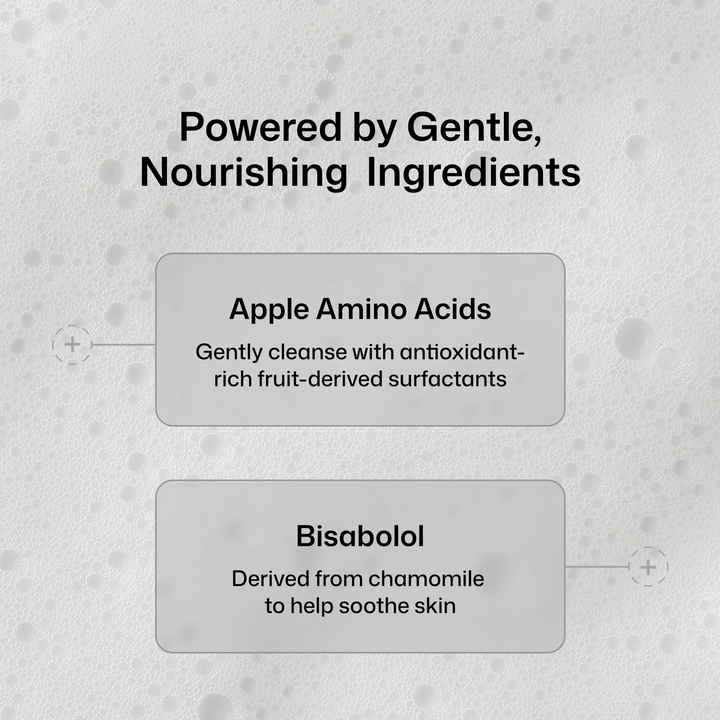 A light gray informational graphic with the headline 'Powered by Gentle, Nourishing Ingredients' and two rounded text boxes. The top box reads 'Apple Amino Acids' with smaller supporting text about gentle cleansing and antioxidant-rich surfactants.