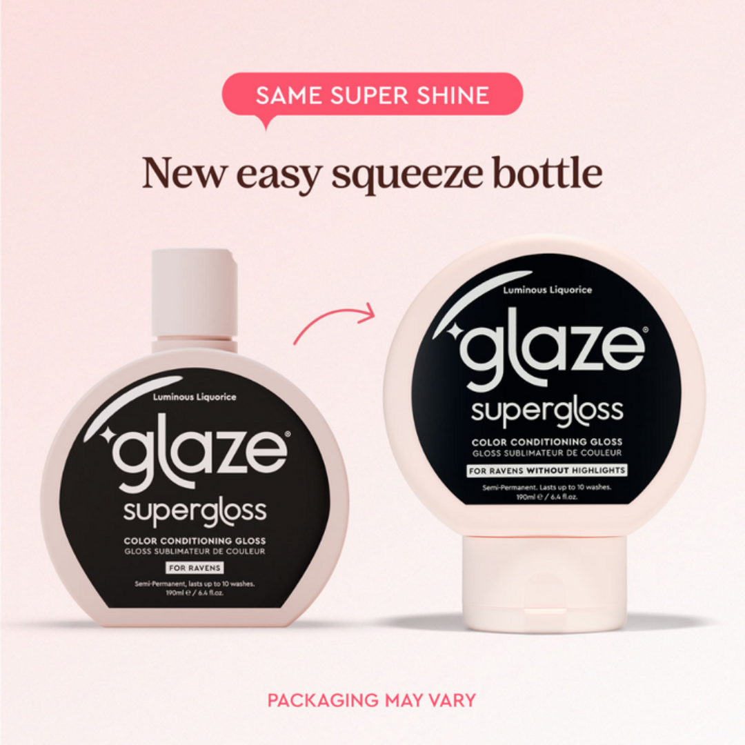 Two bottles of Glaze Supergloss with a pink background and text about the new easy squeeze bottle.