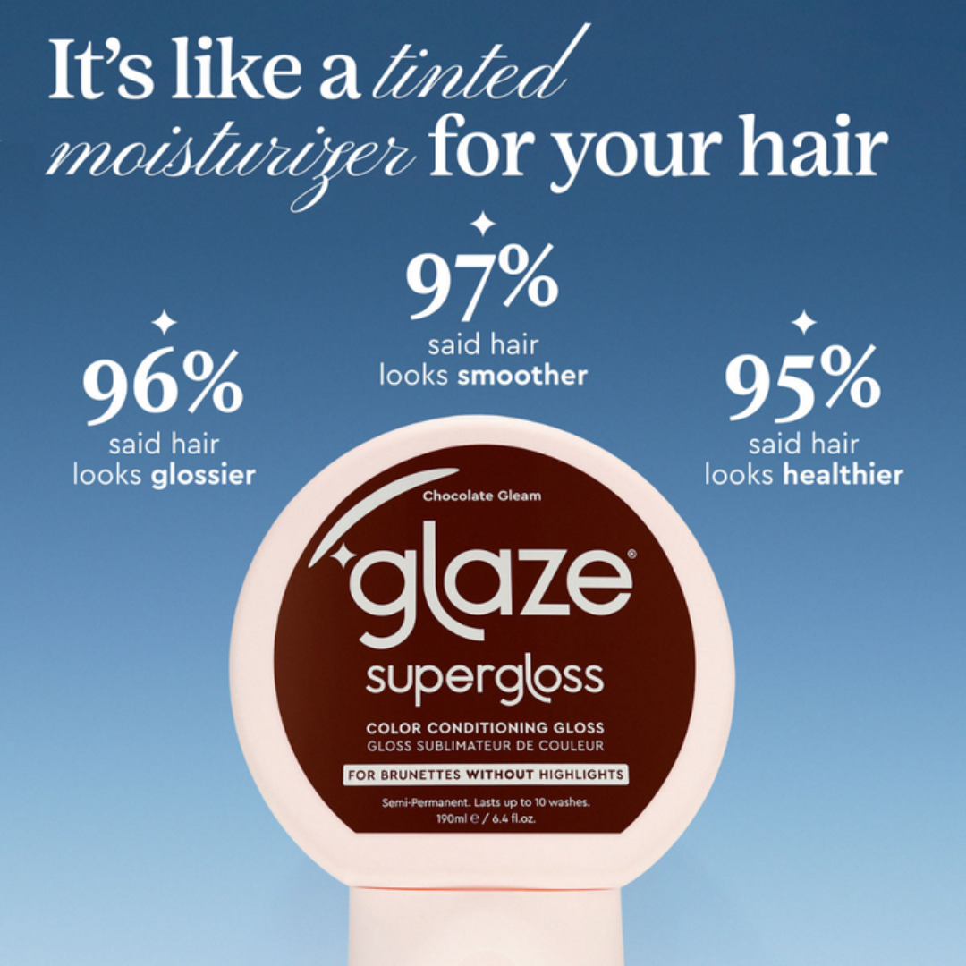 Glaze supergloss hair product with customer satisfaction statistics on a blue background