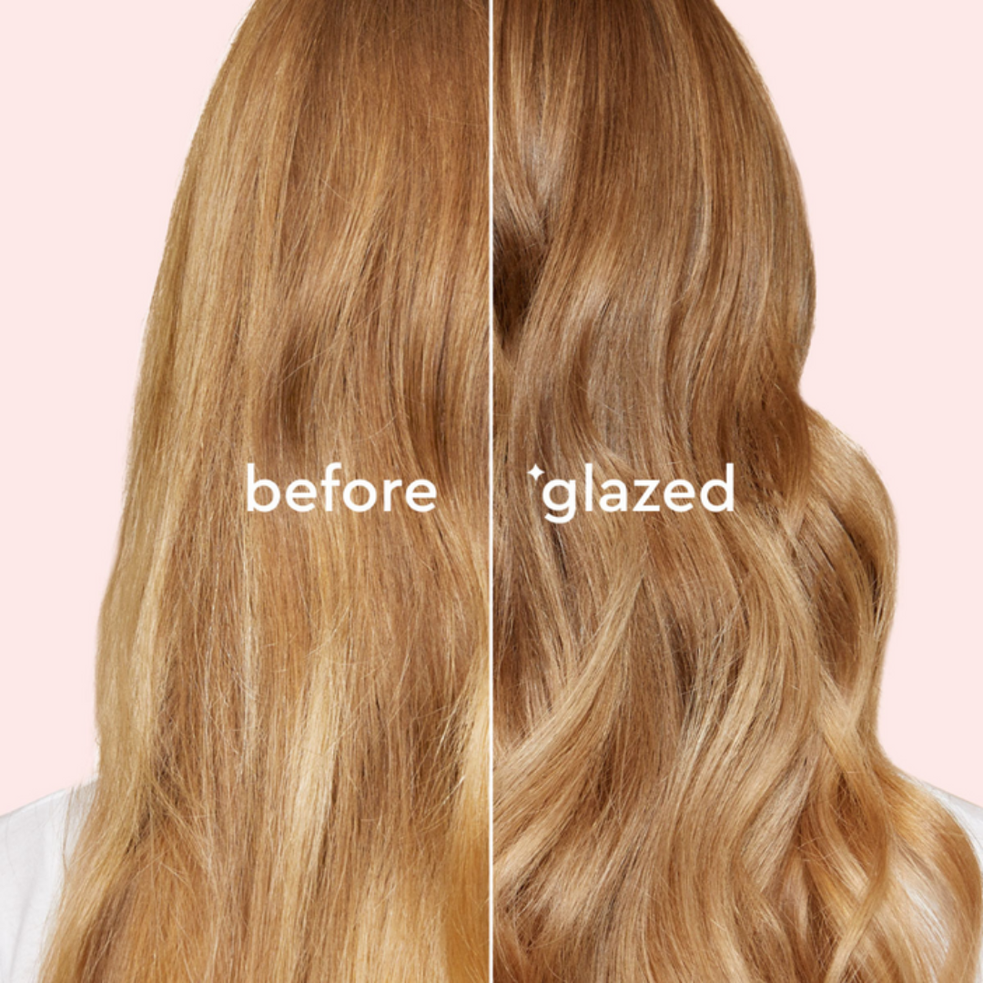Comparison of straight and wavy blonde hair labeled 'before' and 'glazed' on a pink background.