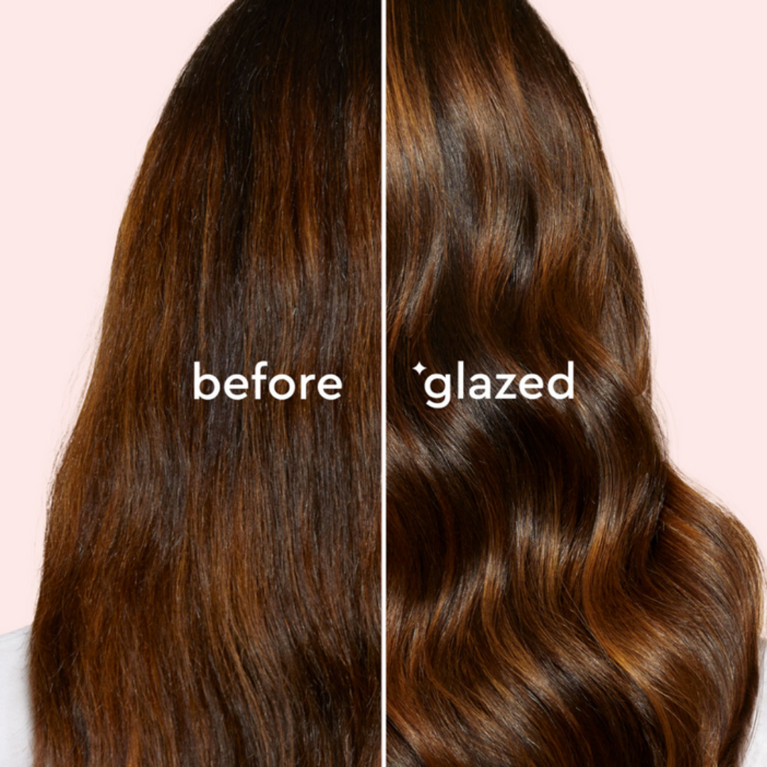 Comparison of straight and wavy hair labeled 'before' and 'glazed' on a pink background.