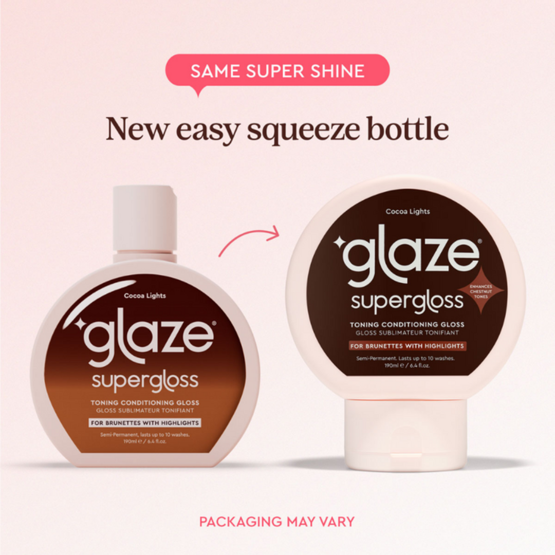 Two bottles of 'glaze supergloss' with a pink background and text about the new easy squeeze bottle.