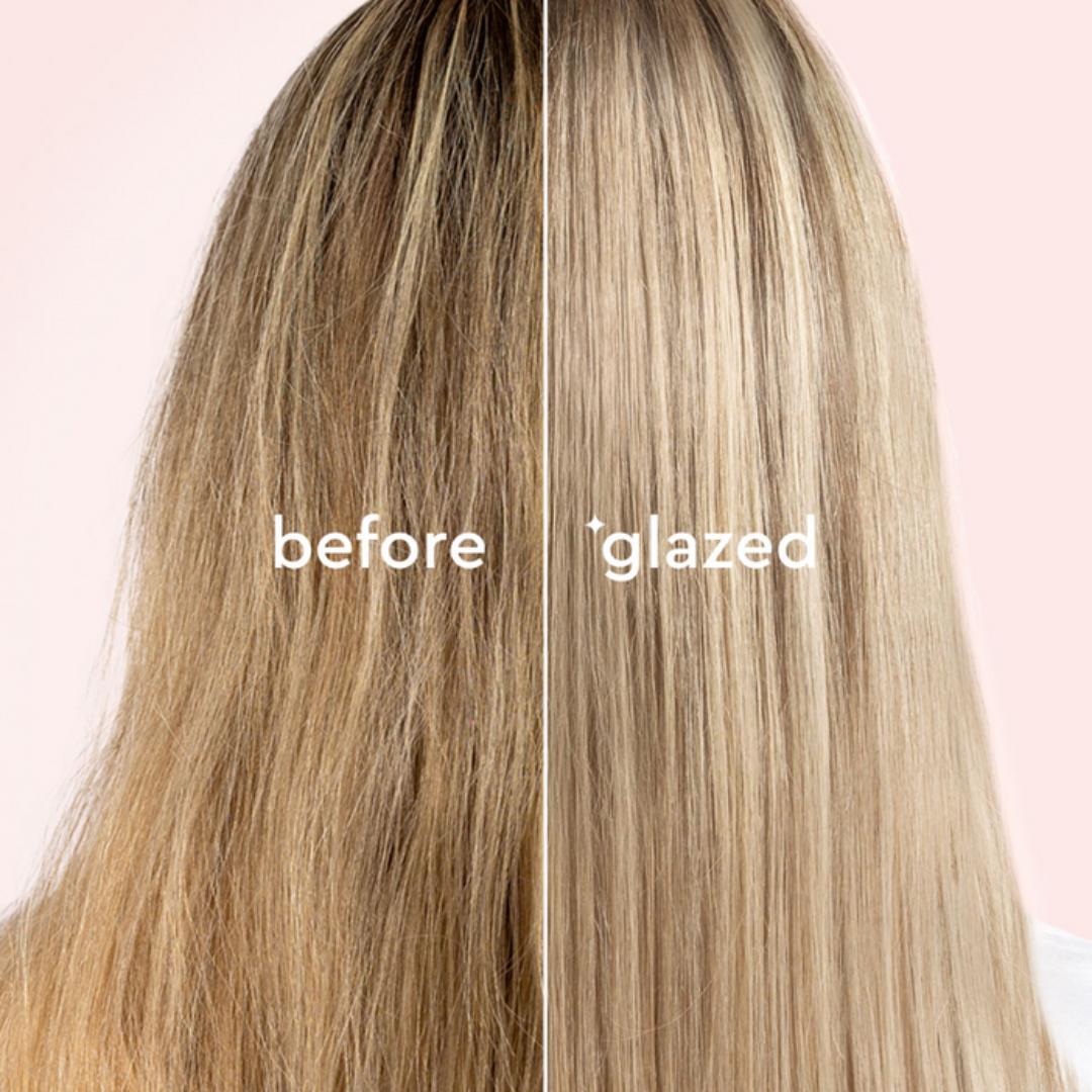 Side-by-side comparison of hair color before and after a treatment labeled 'glazed' on a pink background.