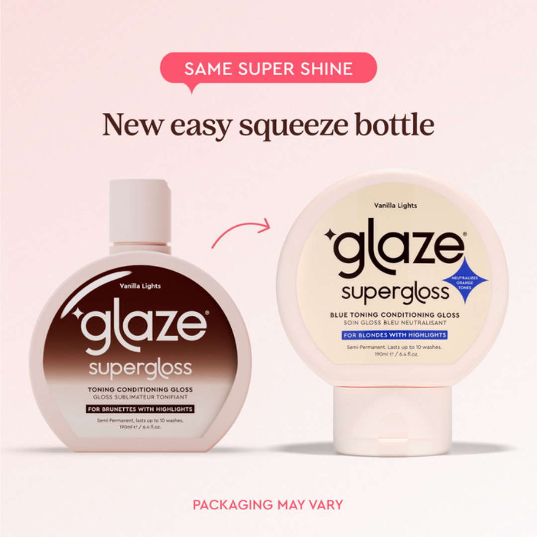Two bottles of Glaze Supergloss with a pink background and text about the new easy squeeze bottle.