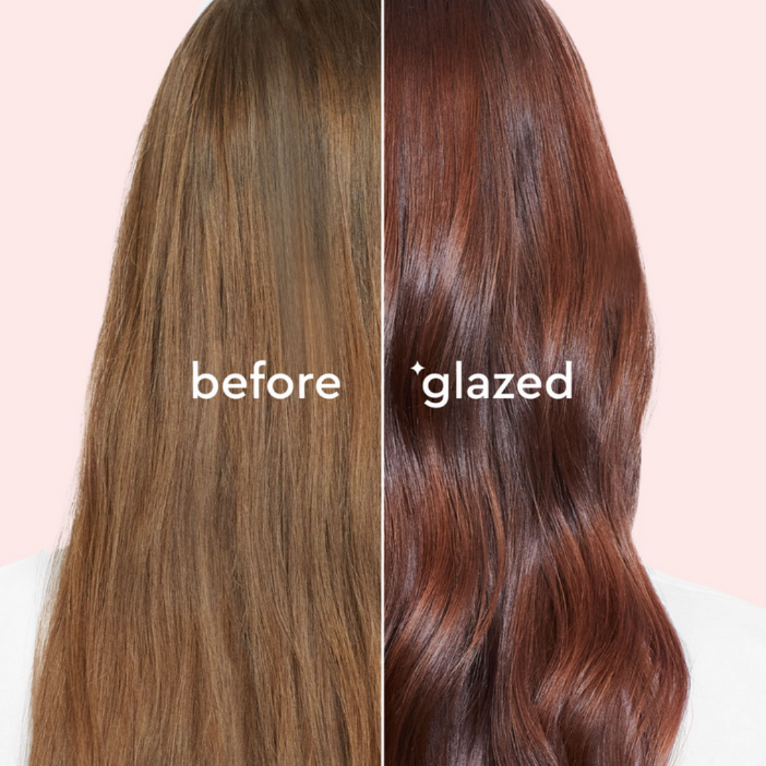 Before and after comparison of hair color with 'before' on left and 'glazed' on right against a pink background.