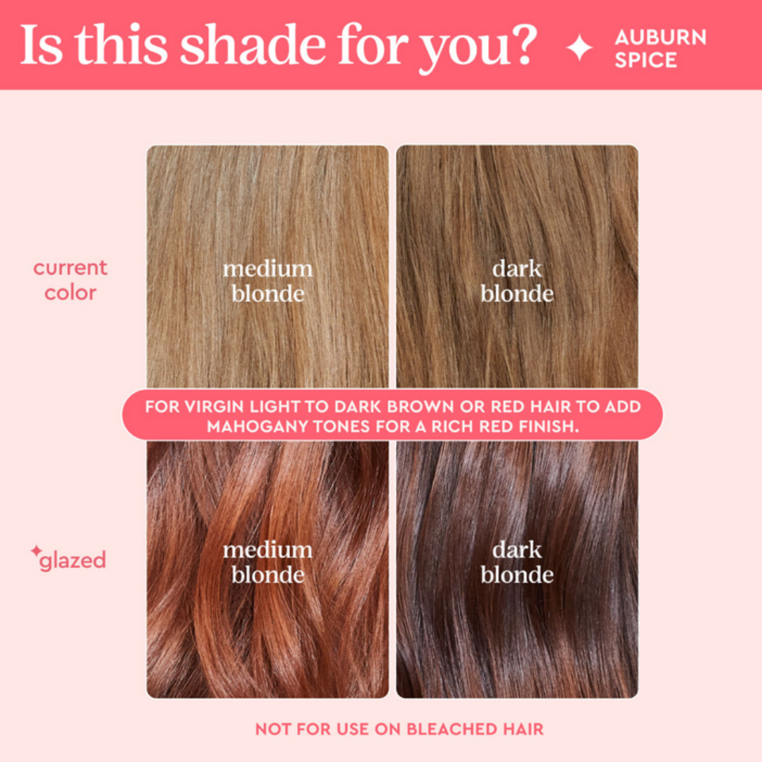 Hair color chart comparing medium blonde, dark blonde, and auburn spice hair shades on a pink background.