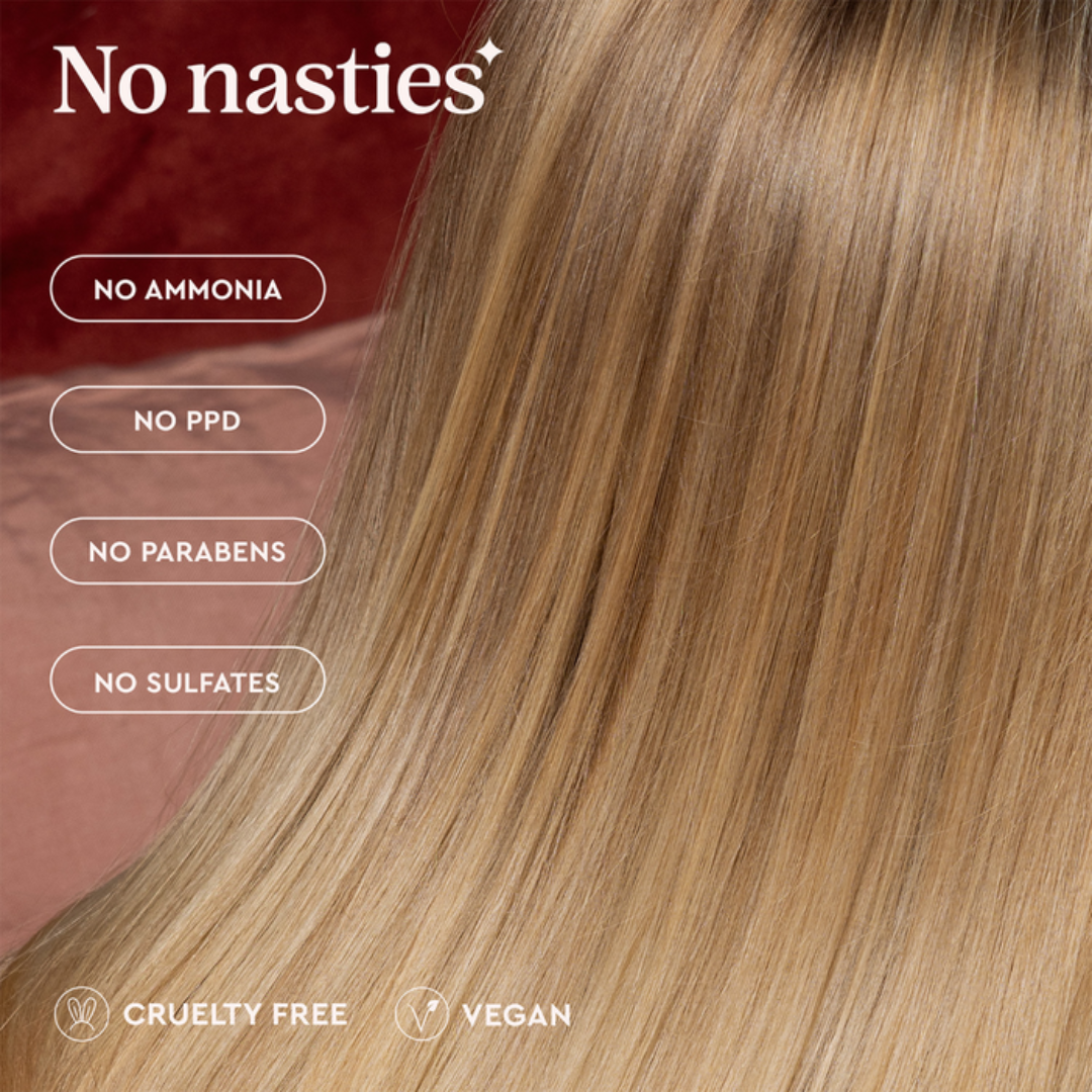 Hair product advertisement with 'No nasties' text and hair strands, featuring ingredients like no ammonia, no PPD, no parabens, and no sulfates.
