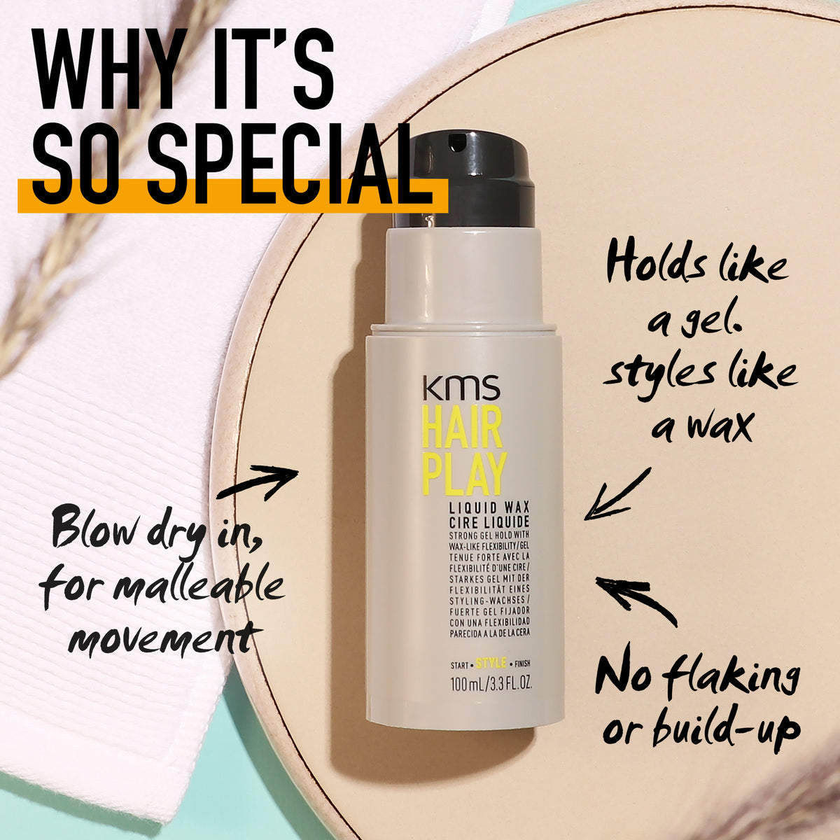KMS Hair Play liquid wax bottle with text highlighting its features on a light background