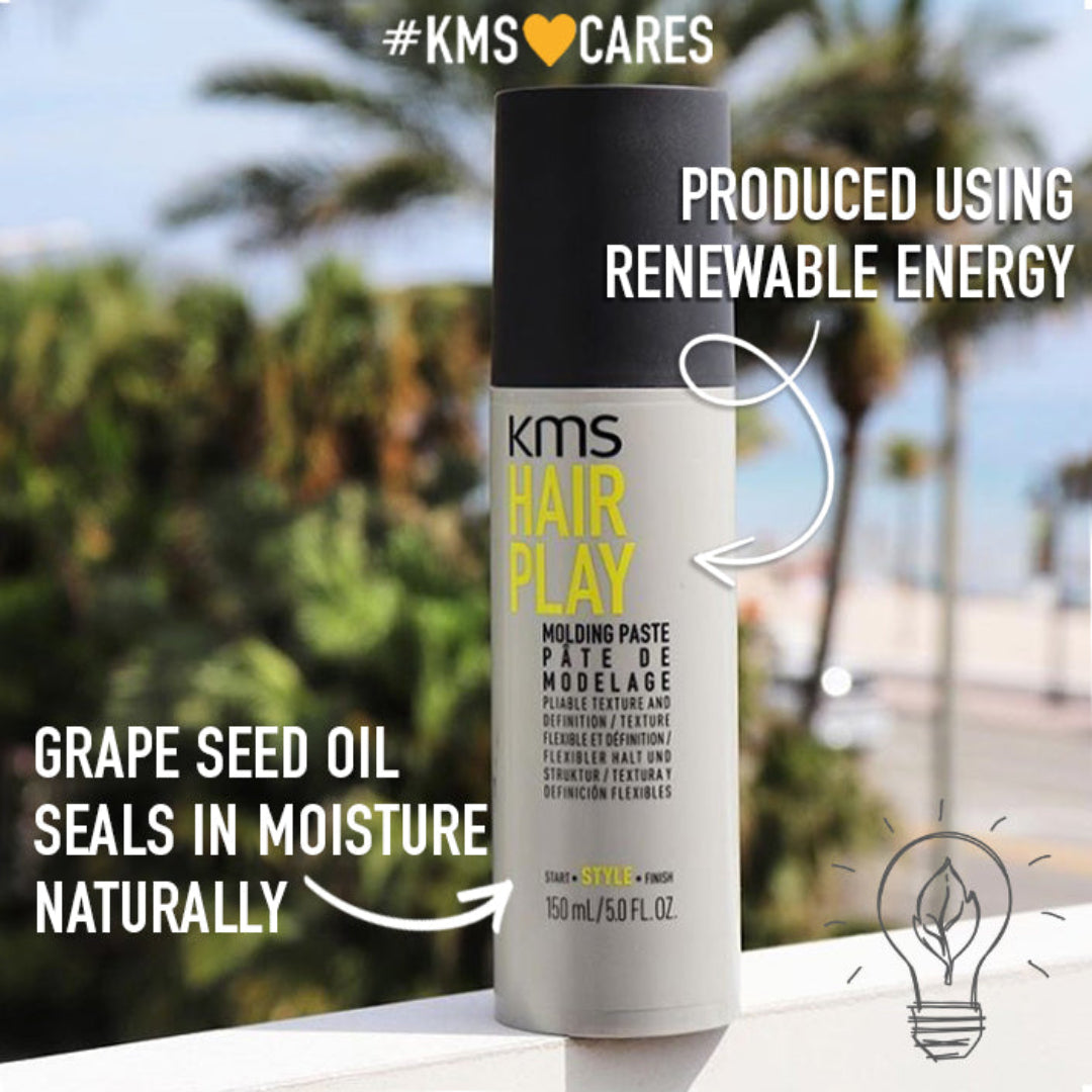 KMS Hair Play product with outdoor background and renewable energy text