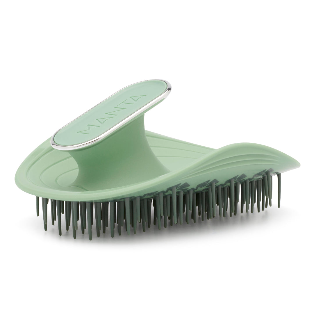 Green grooming brush with metal handle on a white background