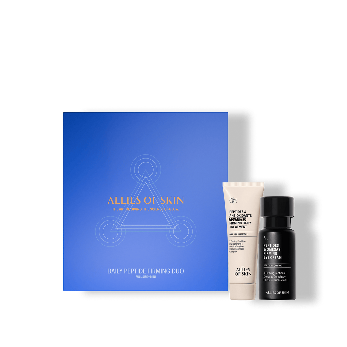 Skincare product set with a blue box labeled 'Alleges of Skin' on a green background