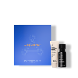 Skincare product set with a blue box labeled 'Alleges of Skin' on a green background