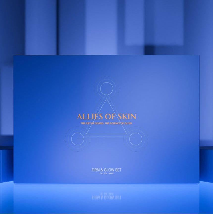 Blue packaging box with 'Allies of Skin' branding on a blue background