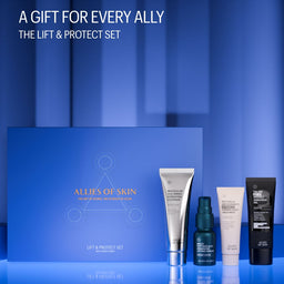 Skincare product set with 'Allies of Skin' packaging on a blue background