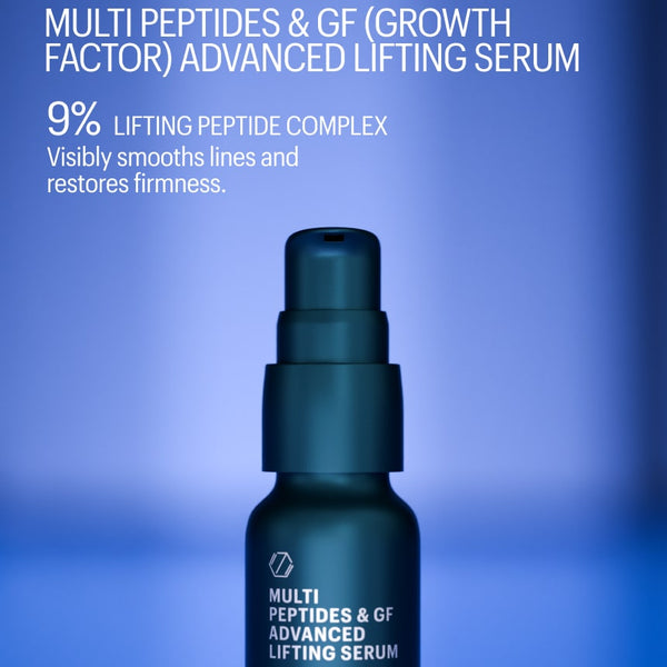 Bottle of Allies of Skin Multi Peptides & GF Advanced Lifting Serum on a blue background
