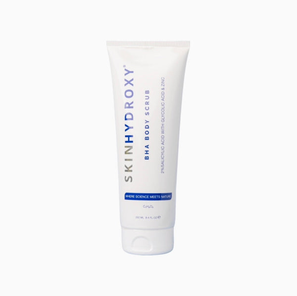 Tube of Skin Hydroxy BHA Body Scrub on a white background