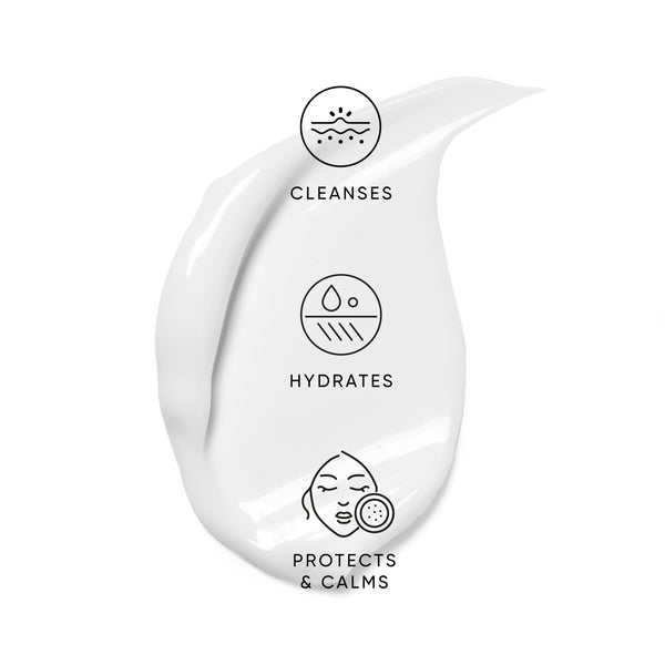 White skincare product with icons and text on a white background