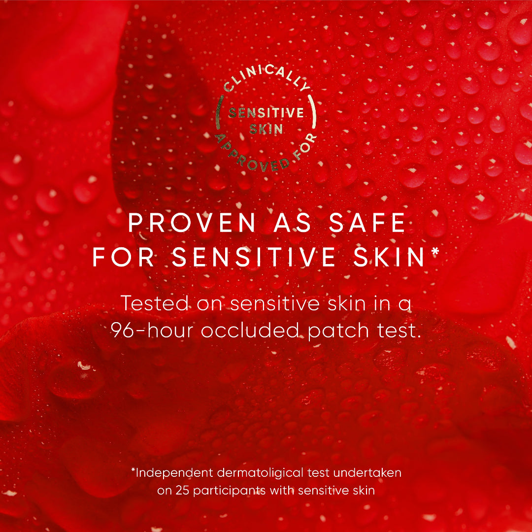 Red background with water droplets and text about proven safety for sensitive skin.