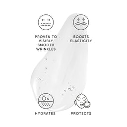 White droplet with icons and text describing skincare benefits on a white background