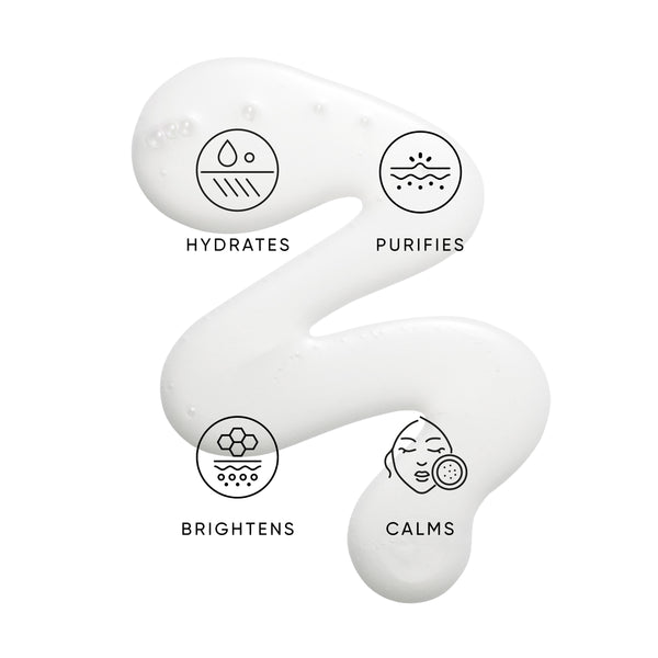 White skincare tool with icons and text indicating its benefits on a white background