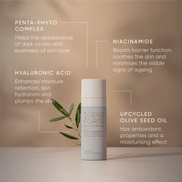 Skincare product with ingredients listed on a beige background