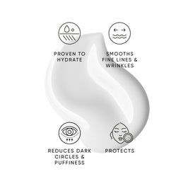Skincare product with icons and text describing its benefits on a white background