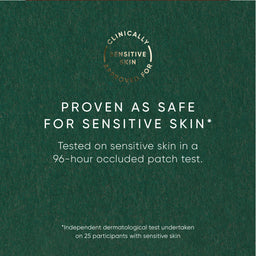 Text on a green background indicating that a product is clinically approved for sensitive skin and has been tested on 25 participants with sensitive skin.
