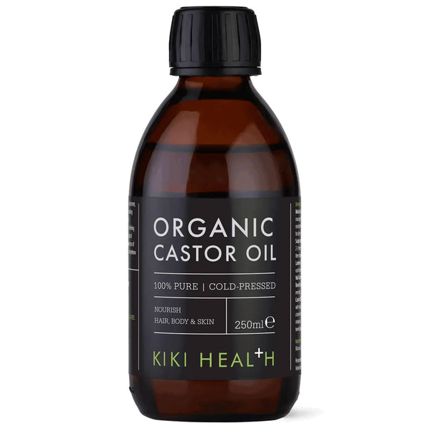 Bottle of KIKI Health Organic Castor Oil on a white background