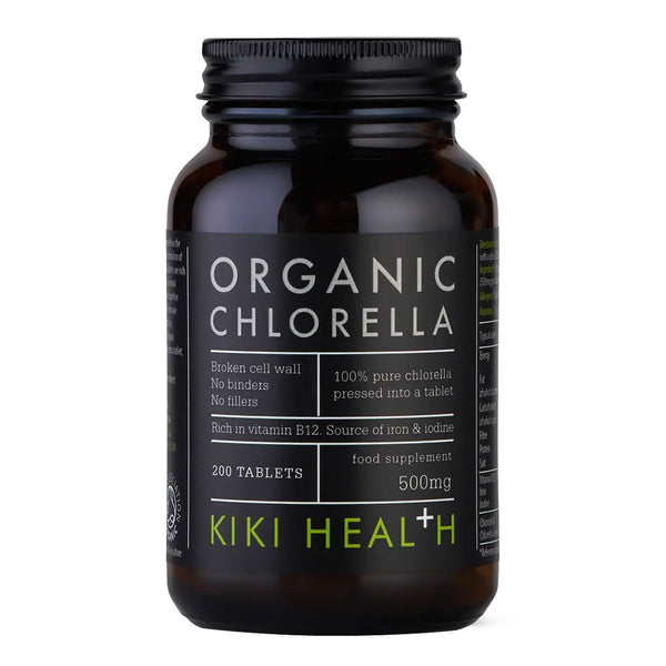 Bottle of Organic Chlorella supplement by KIKI Health on a white background